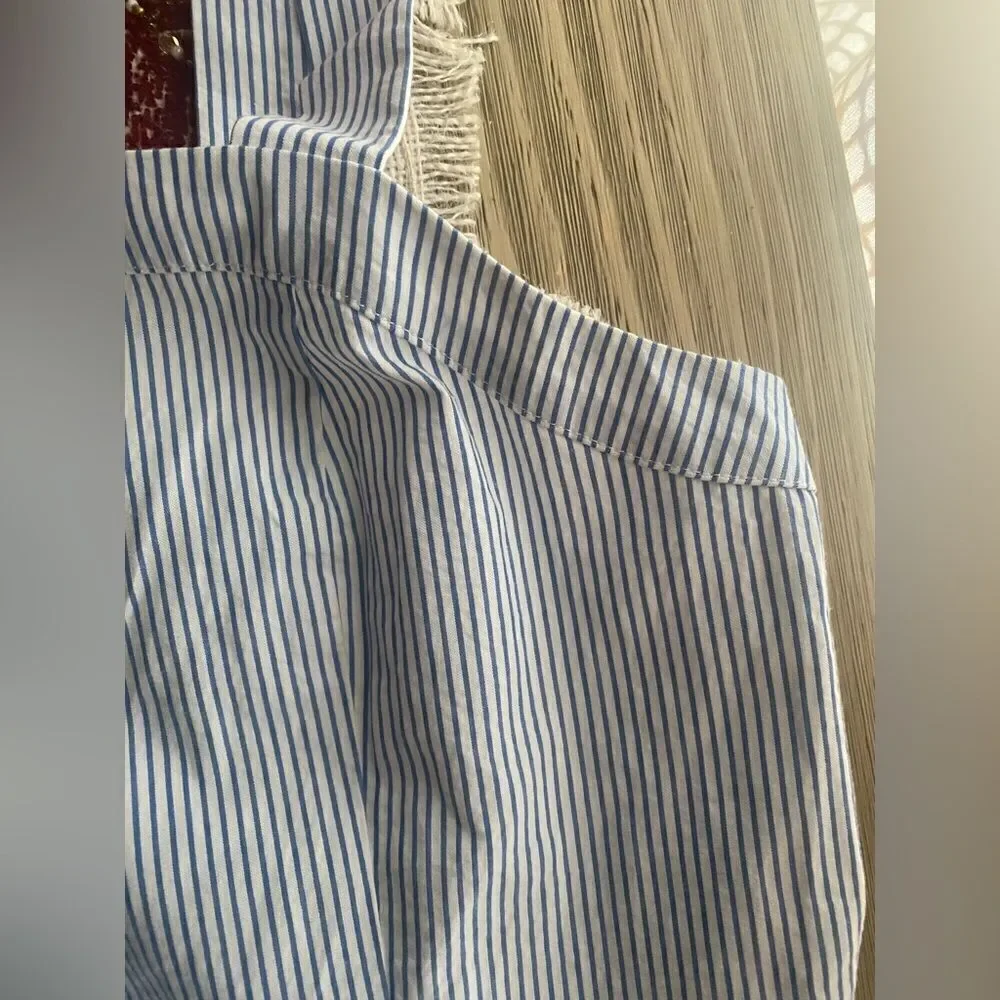 J Crew  Button Front Dress Sz 12  Seersucker Stripe White/Blue Sleeveless NWT